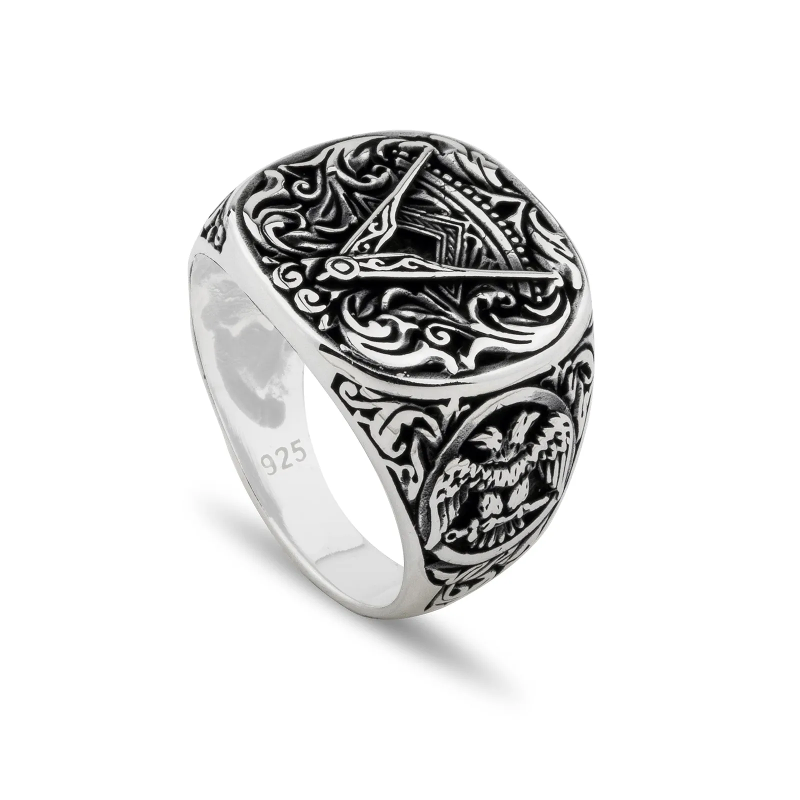 Handcrafted Masonic Square and Compasses Design Sterling Silver Ring