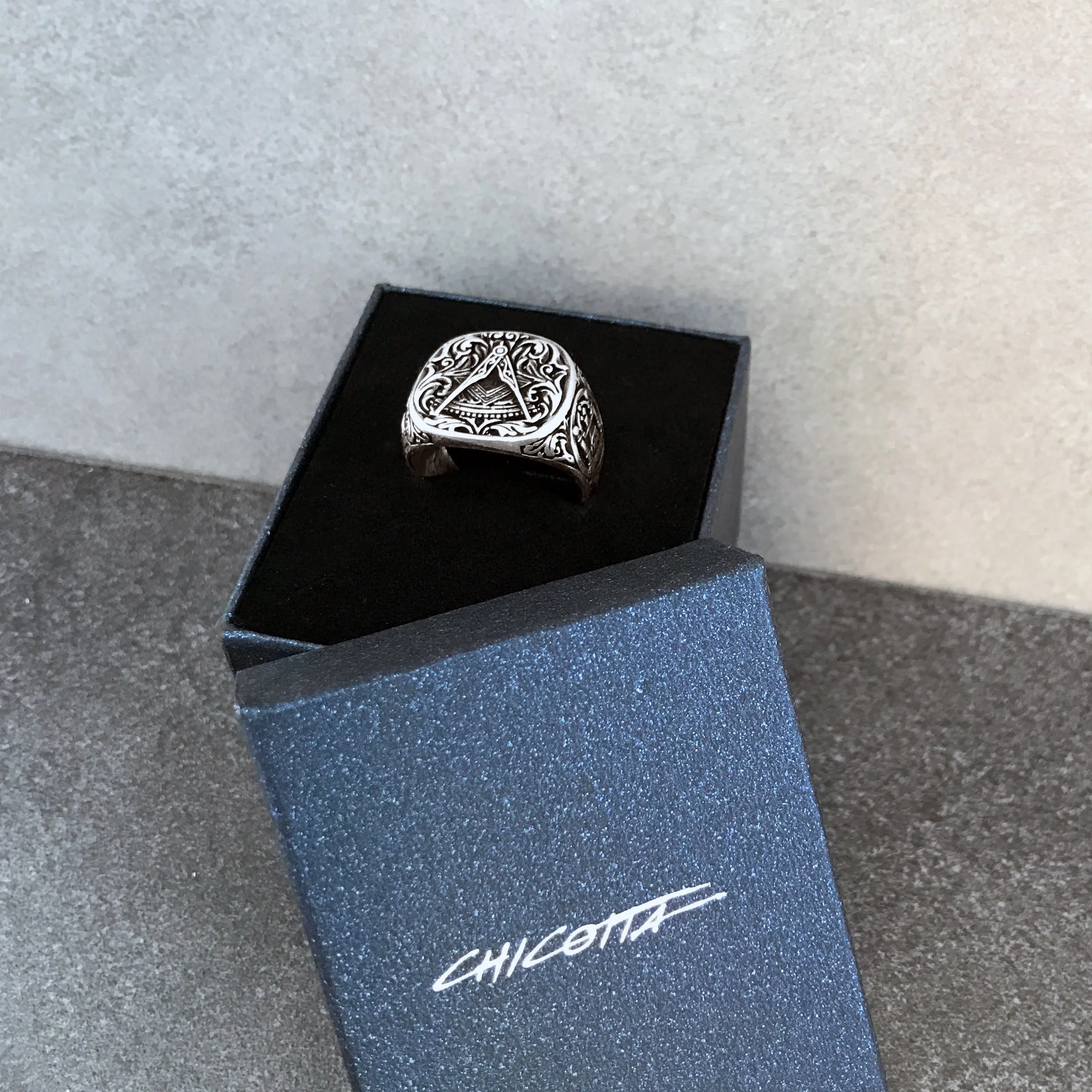 Handcrafted Masonic Square and Compasses Design Sterling Silver Ring
