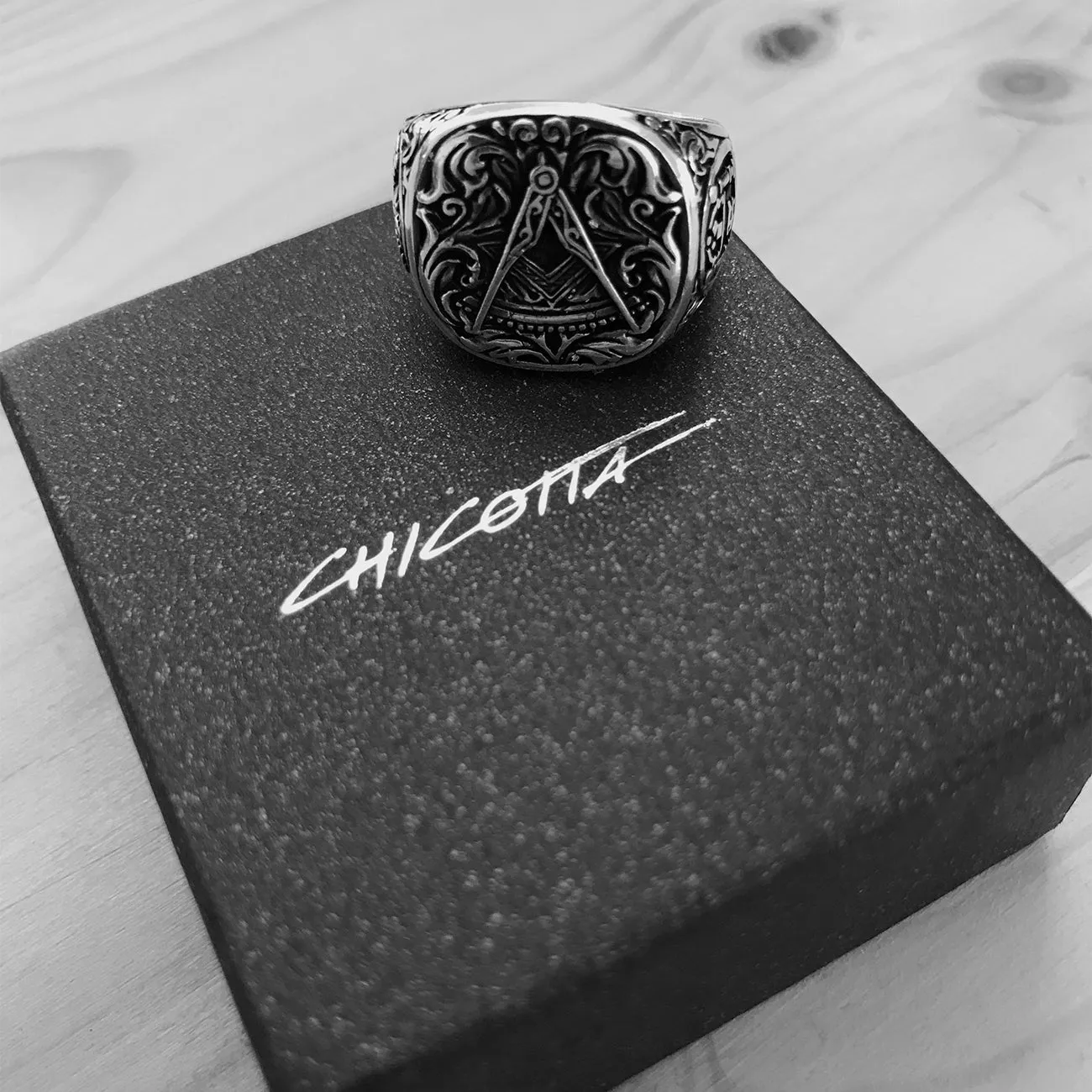 Handcrafted Masonic Square and Compasses Design Sterling Silver Ring