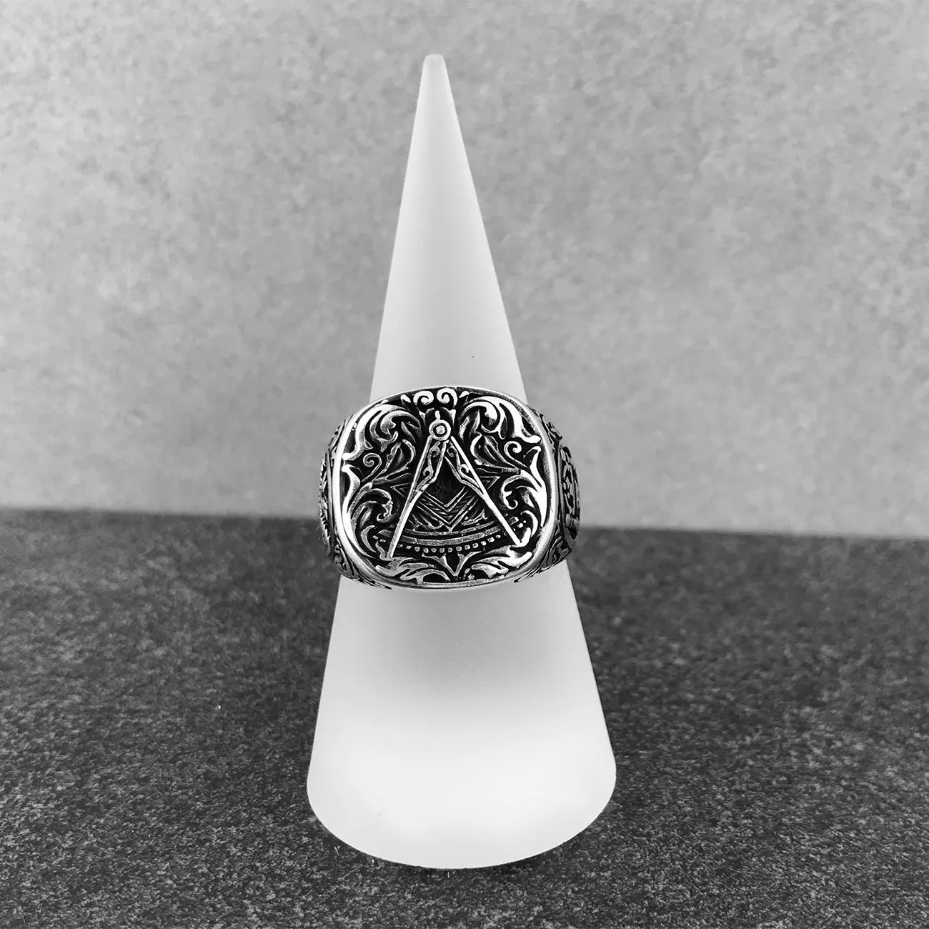 Handcrafted Masonic Square and Compasses Design Sterling Silver Ring