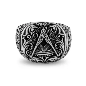 Handcrafted Masonic Square and Compasses Design Sterling Silver Ring