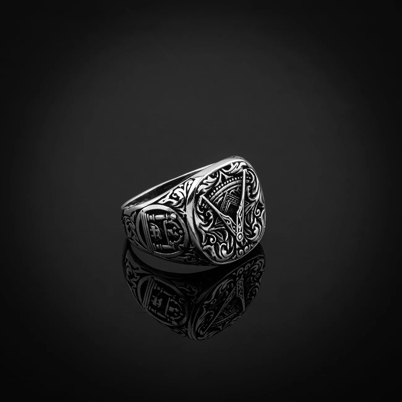 Handcrafted Masonic Square and Compasses Design Sterling Silver Ring