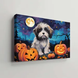 Havanese  Dog 02 Halloween With Pumpkin Oil Painting Van Goh Style, Wooden Canvas Prints Wall Art Painting , Canvas 3d Art