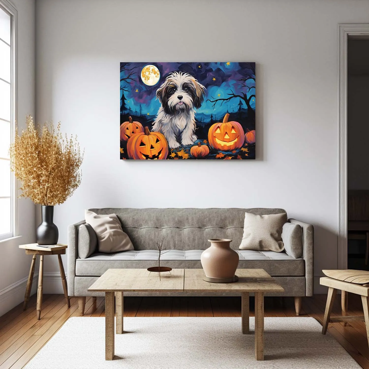 Havanese  Dog 02 Halloween With Pumpkin Oil Painting Van Goh Style, Wooden Canvas Prints Wall Art Painting , Canvas 3d Art