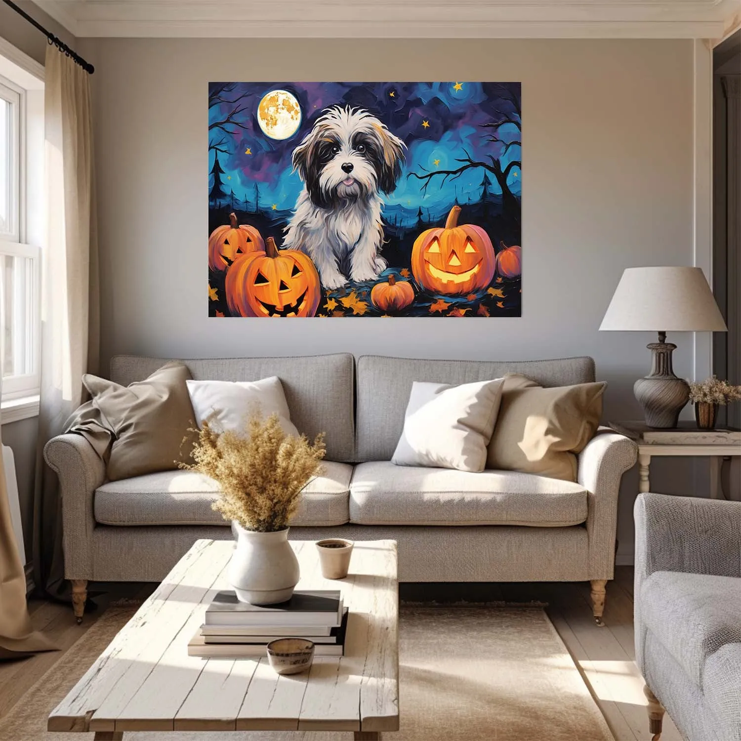 Havanese  Dog 02 Halloween With Pumpkin Oil Painting Van Goh Style, Wooden Canvas Prints Wall Art Painting , Canvas 3d Art