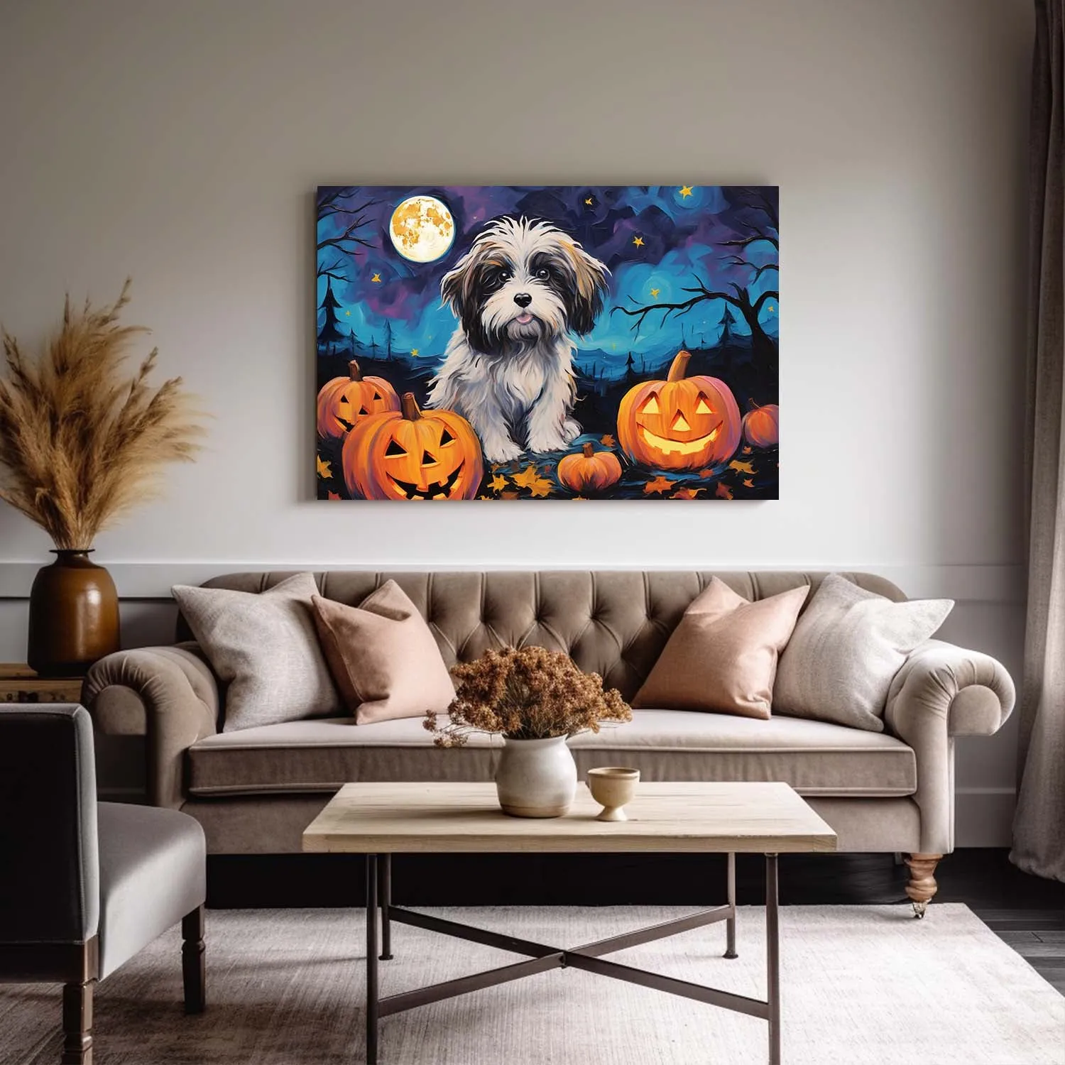 Havanese  Dog 02 Halloween With Pumpkin Oil Painting Van Goh Style, Wooden Canvas Prints Wall Art Painting , Canvas 3d Art