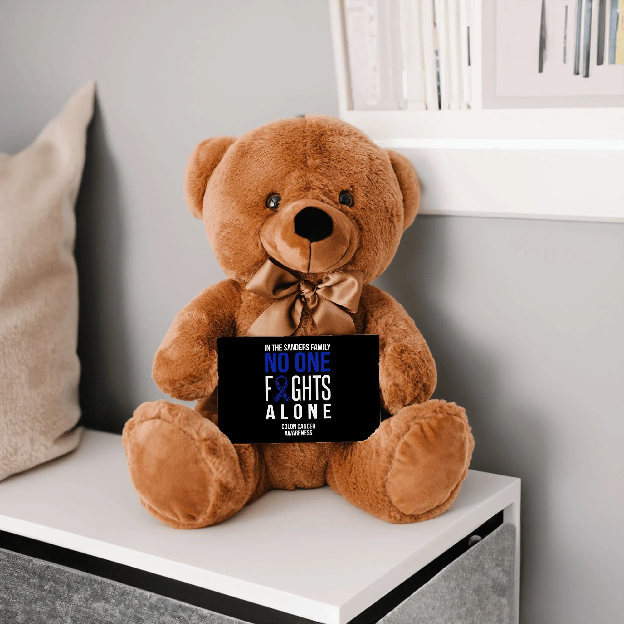 In This Family No One Fights Alone Colon Cancer Teddy Bear - Personalized - PRICE INCLUDES FREE SHIPPING