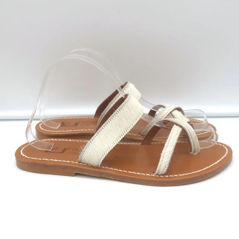 K. Jacques Tonkin Toe Ring Sandals Cream Pony Hair Size 40 Flat Slides