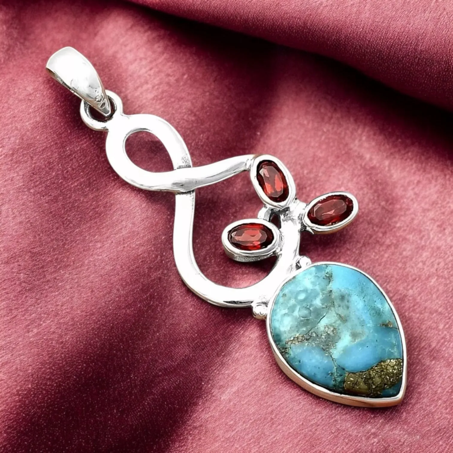Kingman Turquoise w Pyrite & Garnet Solid 925 Sterling Silver Pendant