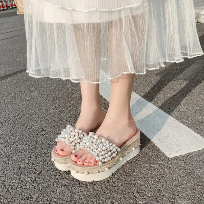 Ladies Summer Outside Thick Platform Wedges Slip On Beach Slippers