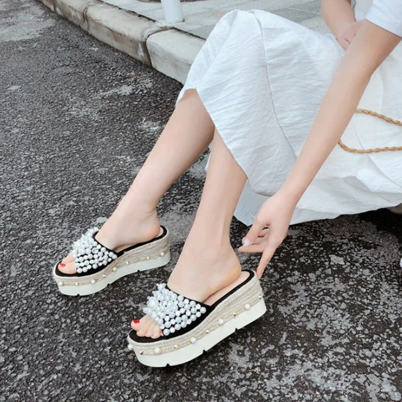 Ladies Summer Outside Thick Platform Wedges Slip On Beach Slippers