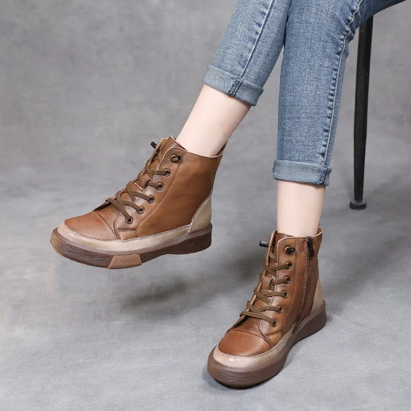 Leather Retro Lace-up Tendon-soled Ankle Boots Color-blocking Flat Soft-soled Women's Shoes