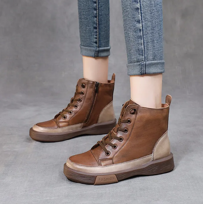 Leather Retro Lace-up Tendon-soled Ankle Boots Color-blocking Flat Soft-soled Women's Shoes