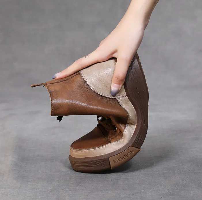 Leather Retro Lace-up Tendon-soled Ankle Boots Color-blocking Flat Soft-soled Women's Shoes