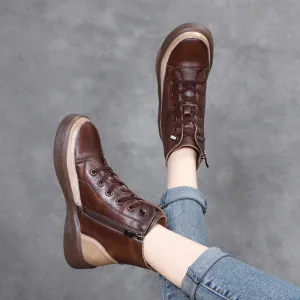 Leather Retro Lace-up Tendon-soled Ankle Boots Color-blocking Flat Soft-soled Women's Shoes