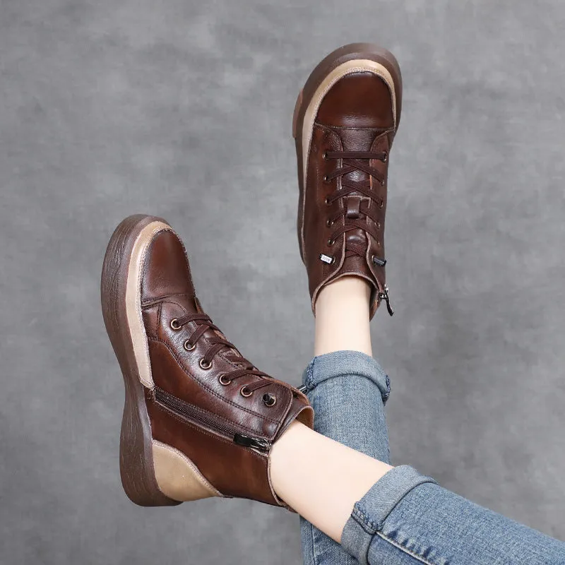 Leather Retro Lace-up Tendon-soled Ankle Boots Color-blocking Flat Soft-soled Women's Shoes