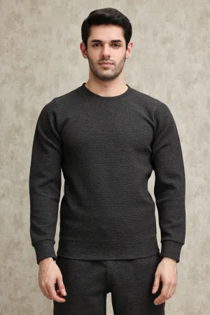 LIGHT GREY WAFFLE-KNIT CREW SWEATSHIRT-CHARCOAL