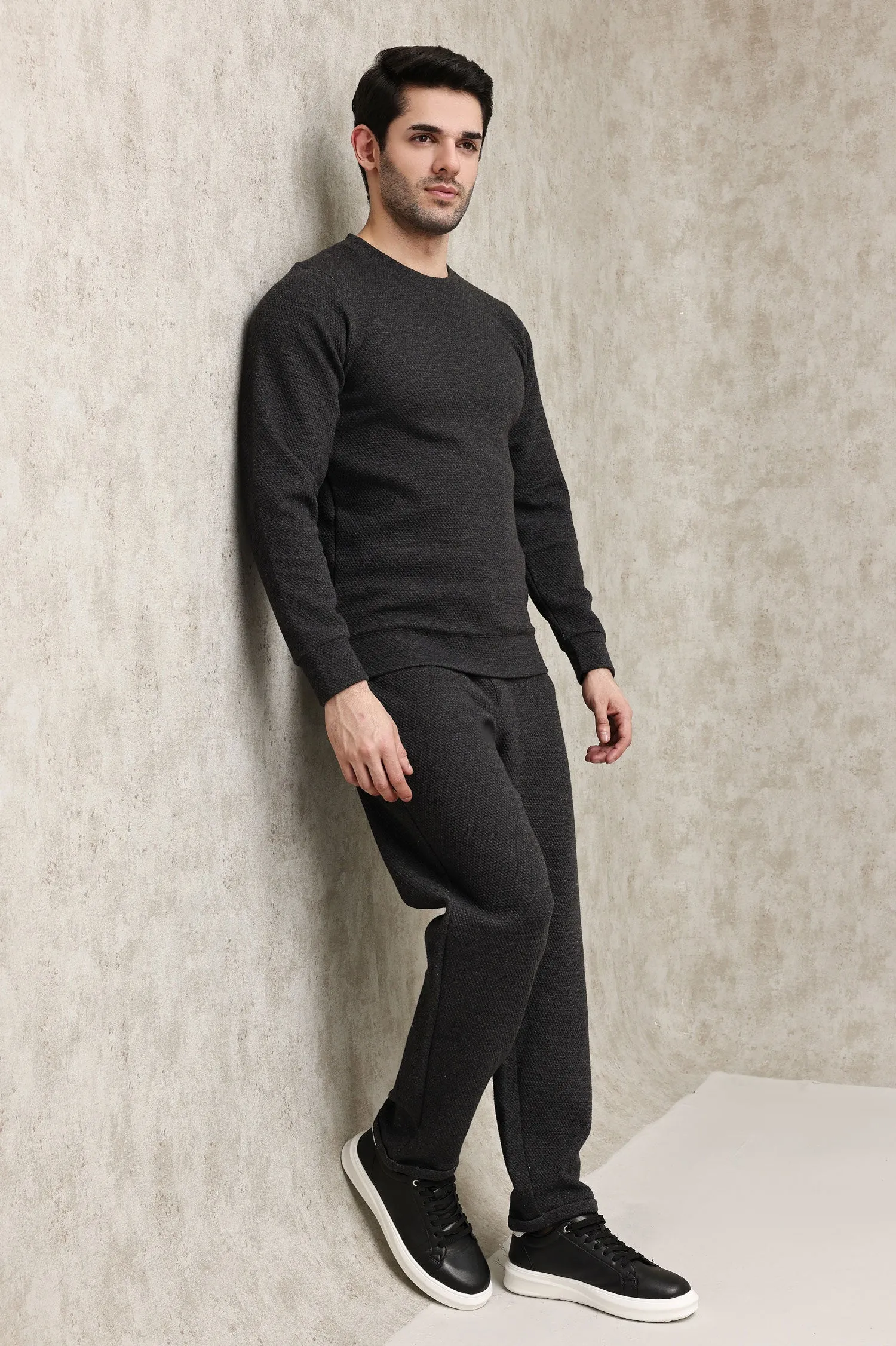LIGHT GREY WAFFLE-KNIT CREW SWEATSHIRT-CHARCOAL