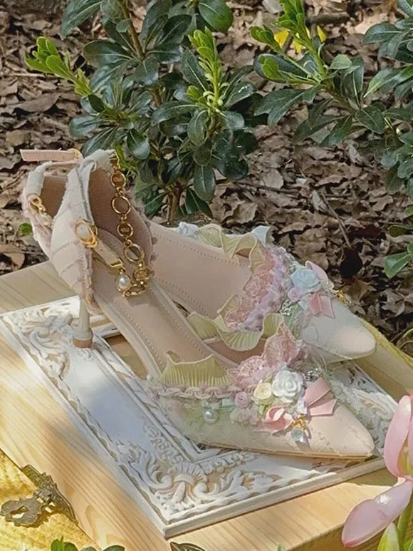 Lolita Wedding Dress Lolita Footwear Light Green Ruffles Flowers Bows Textile Stiletto Heel Lolita Shoes