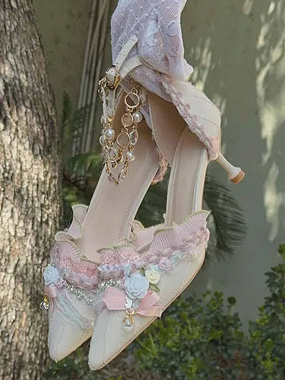Lolita Wedding Dress Lolita Footwear Light Green Ruffles Flowers Bows Textile Stiletto Heel Lolita Shoes