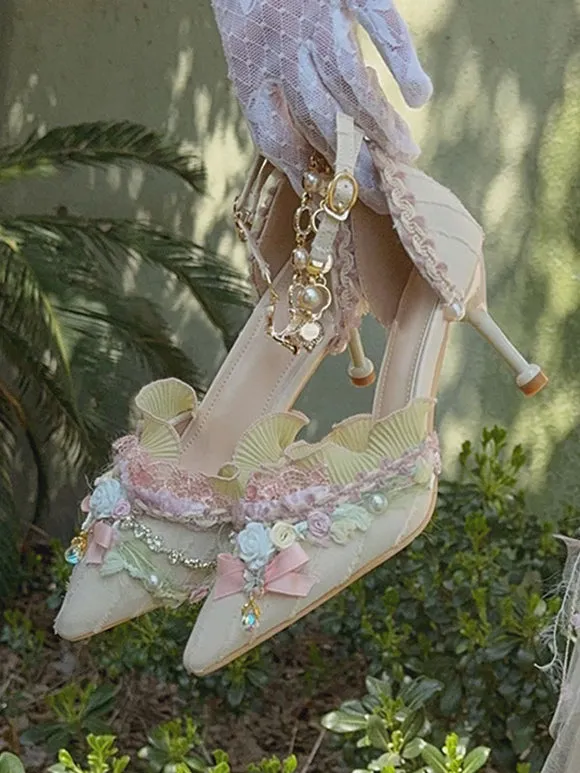 Lolita Wedding Dress Lolita Footwear Light Green Ruffles Flowers Bows Textile Stiletto Heel Lolita Shoes