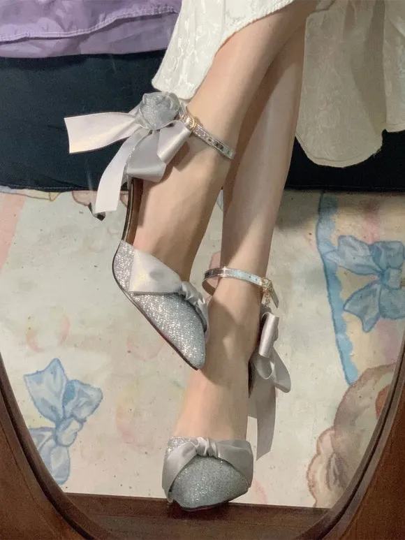 Lolita Wedding Dress Lolita Footwear Silver Bows Rose Stiletto Heel Lolita Shoes