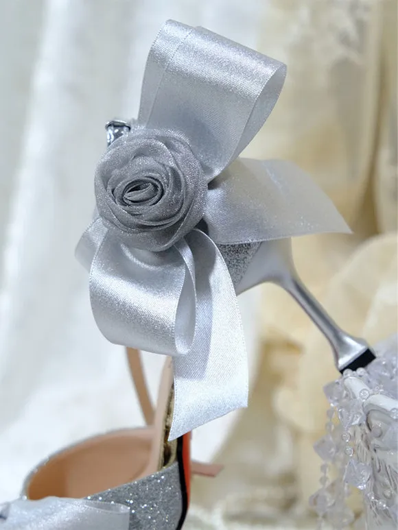 Lolita Wedding Dress Lolita Footwear Silver Bows Rose Stiletto Heel Lolita Shoes