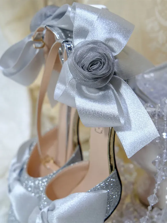 Lolita Wedding Dress Lolita Footwear Silver Bows Rose Stiletto Heel Lolita Shoes