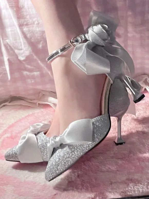 Lolita Wedding Dress Lolita Footwear Silver Bows Rose Stiletto Heel Lolita Shoes