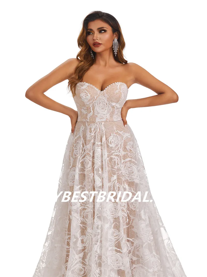 Lvory Lace Chiffon Sweetheart A-line Applique Floor-length Wedding Dresses, WDY0180