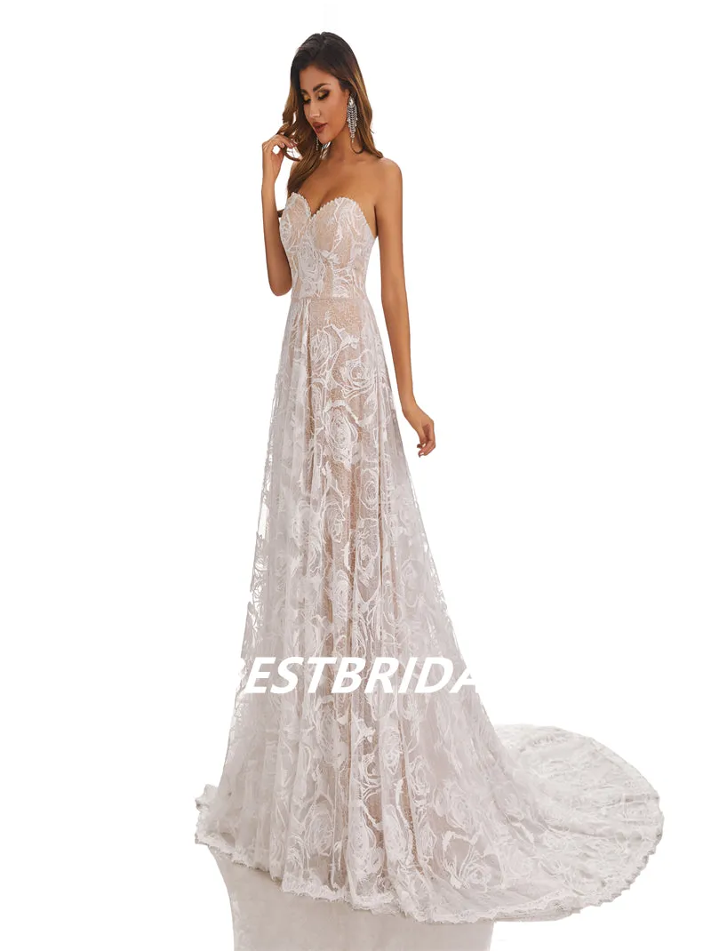 Lvory Lace Chiffon Sweetheart A-line Applique Floor-length Wedding Dresses, WDY0180