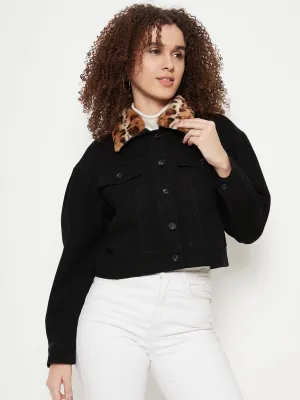 Madame Animal Print Collar Black Jacket