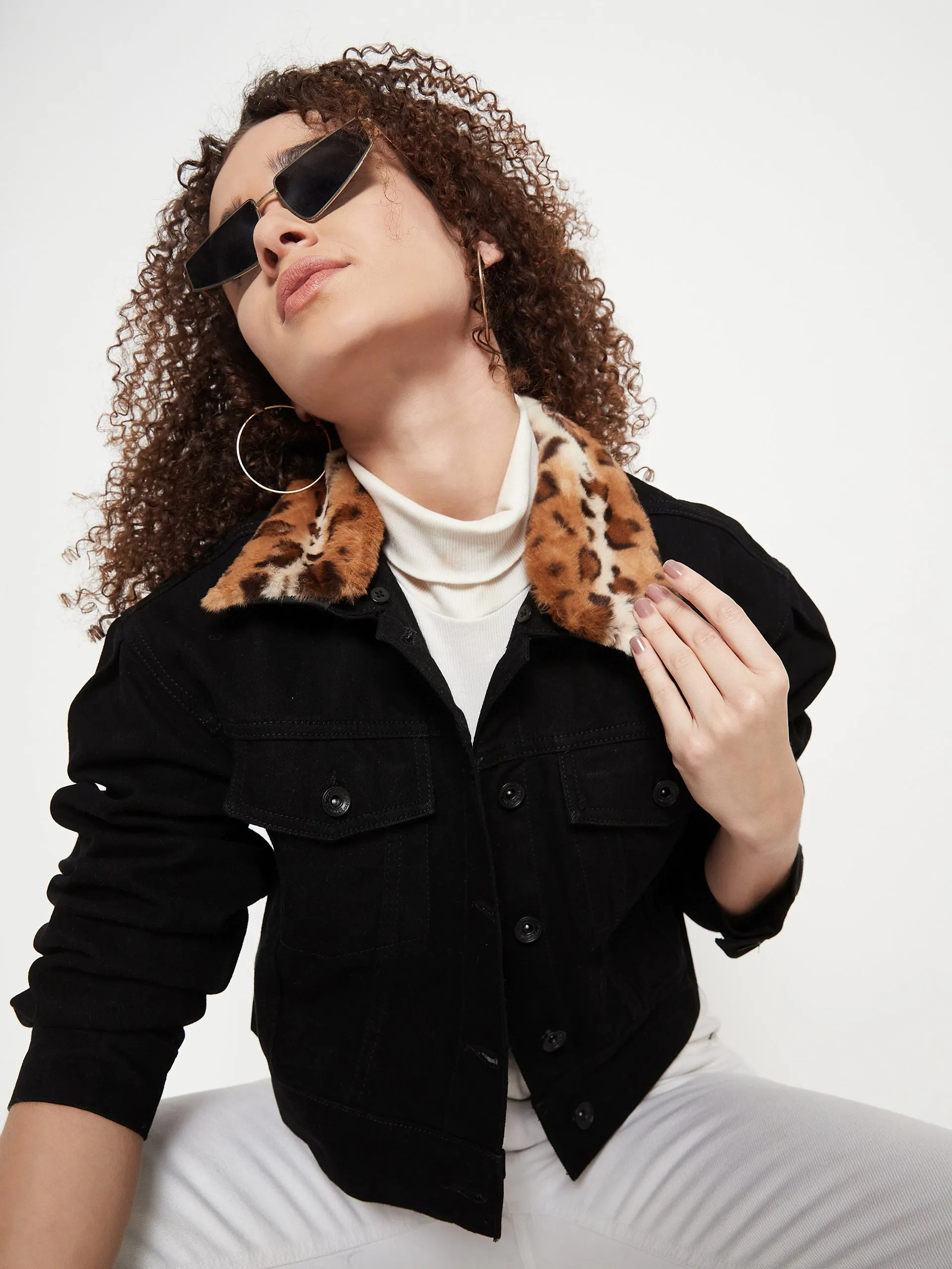 Madame Animal Print Collar Black Jacket