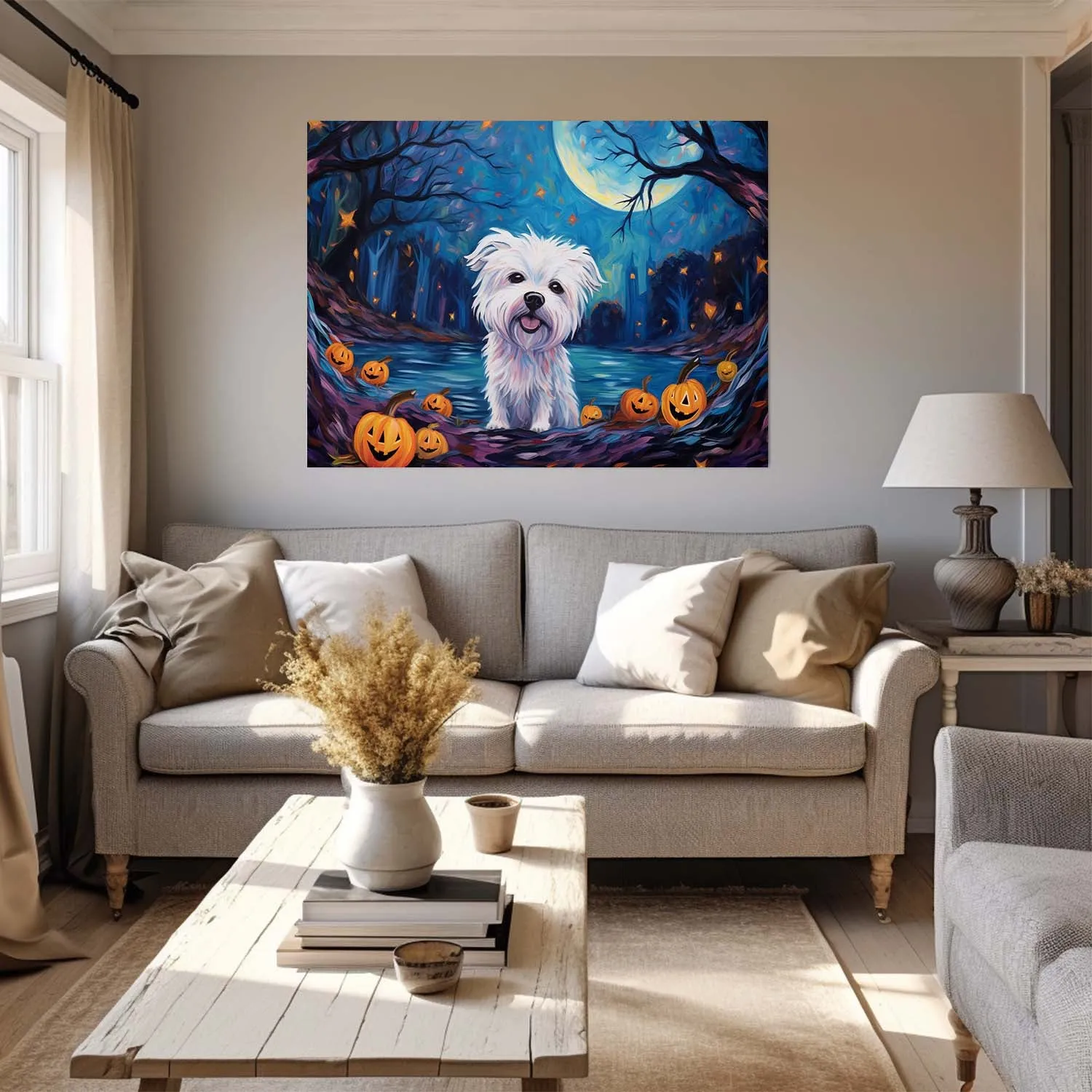 Maltese Dog 02 Halloween With Pumpkin Oil Painting Van Goh Style, Wooden Canvas Prints Wall Art Painting , Canvas 3d Art