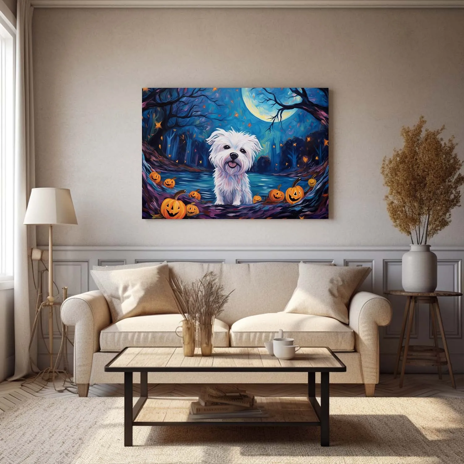 Maltese Dog 02 Halloween With Pumpkin Oil Painting Van Goh Style, Wooden Canvas Prints Wall Art Painting , Canvas 3d Art