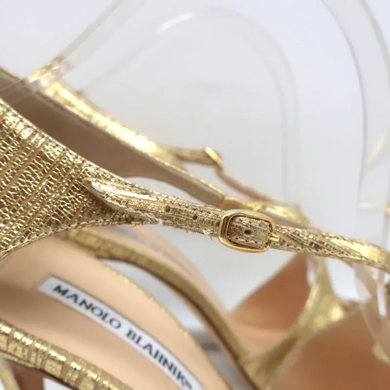Manolo Blahnik Crisscross Sandals Metallic Gold Size 38.5 Peep Toe Heels NEW