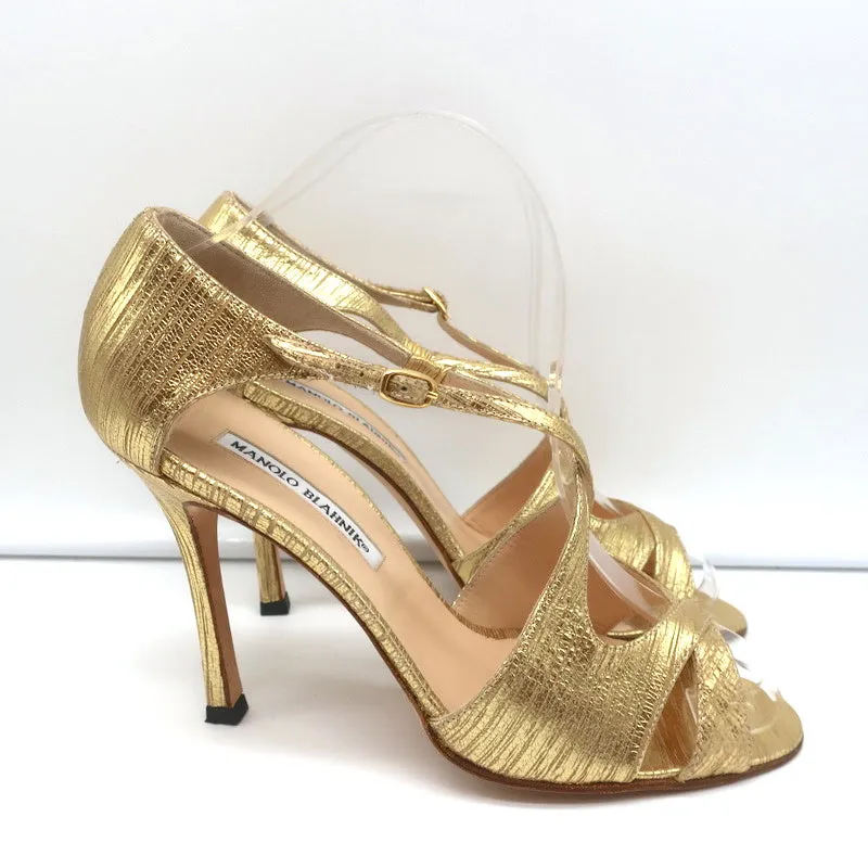 Manolo Blahnik Crisscross Sandals Metallic Gold Size 38.5 Peep Toe Heels NEW