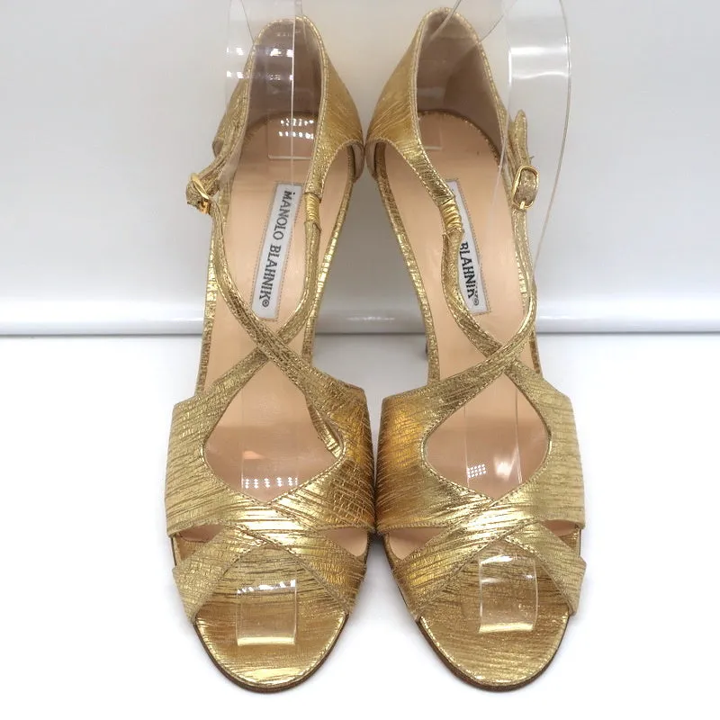 Manolo Blahnik Crisscross Sandals Metallic Gold Size 38.5 Peep Toe Heels NEW