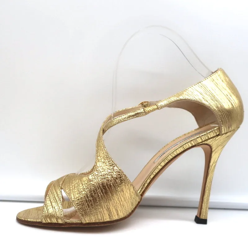 Manolo Blahnik Crisscross Sandals Metallic Gold Size 38.5 Peep Toe Heels NEW
