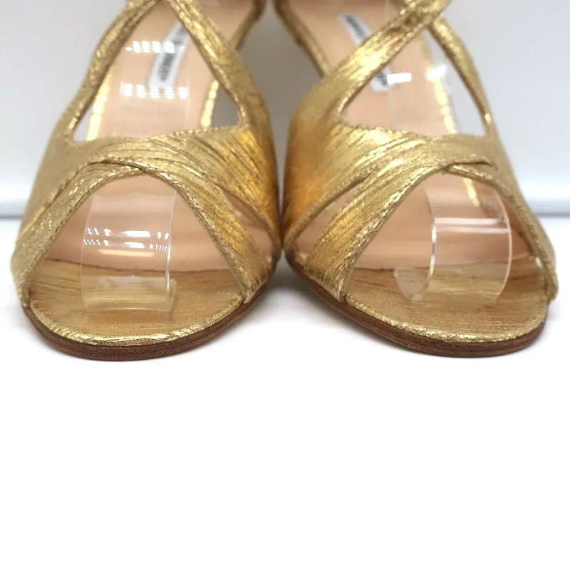 Manolo Blahnik Crisscross Sandals Metallic Gold Size 38.5 Peep Toe Heels NEW