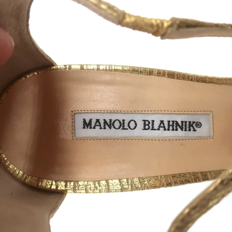 Manolo Blahnik Crisscross Sandals Metallic Gold Size 38.5 Peep Toe Heels NEW