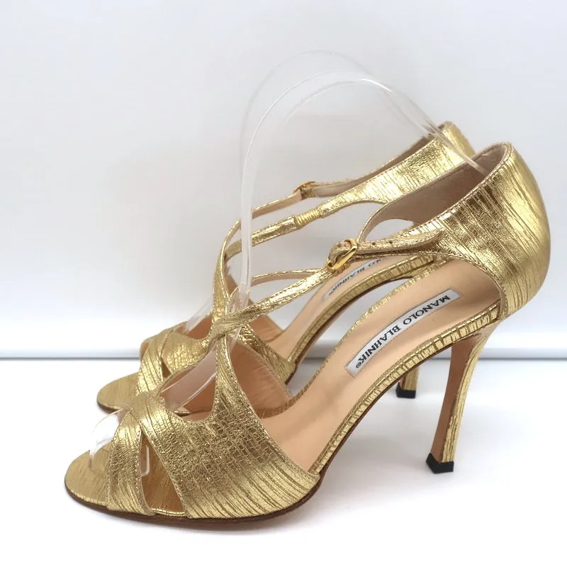 Manolo Blahnik Crisscross Sandals Metallic Gold Size 38.5 Peep Toe Heels NEW