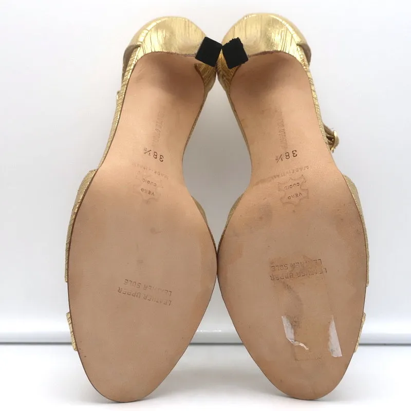 Manolo Blahnik Crisscross Sandals Metallic Gold Size 38.5 Peep Toe Heels NEW