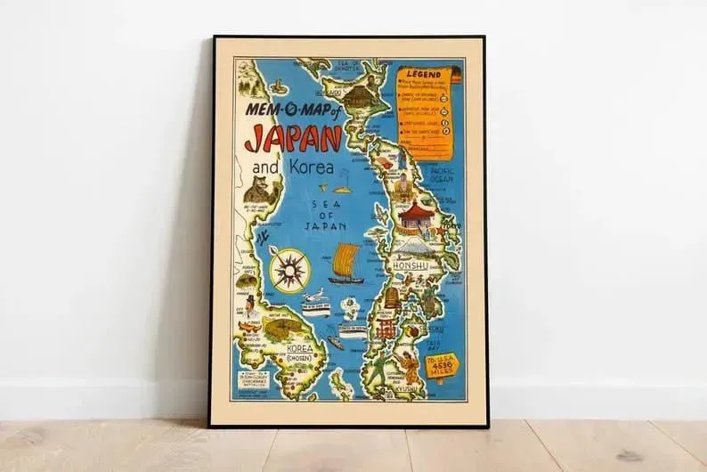 Map of Japan and Korea Wall Print| Japan Map Wall Art|