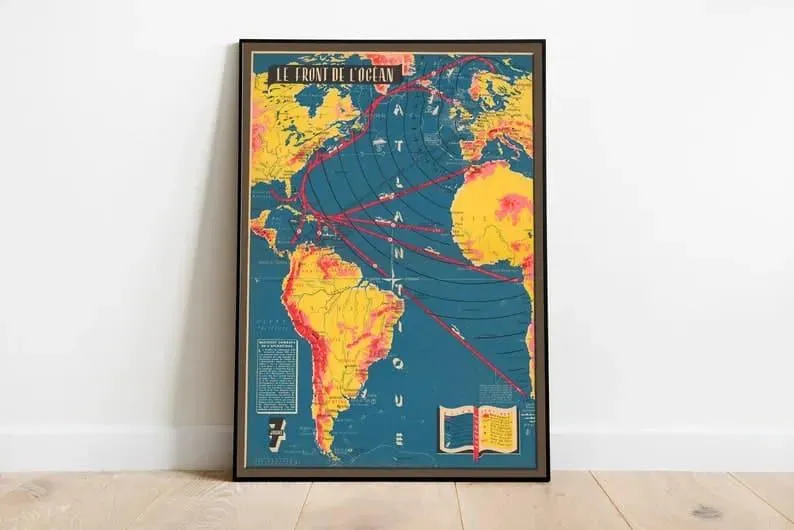 Map of the Atlantic in World War 2| WW2 Map Poster Print