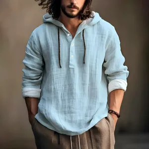 Men Solid Color Autumn Long Sleeve Hooded Cotton Linen Shirts 2407005269