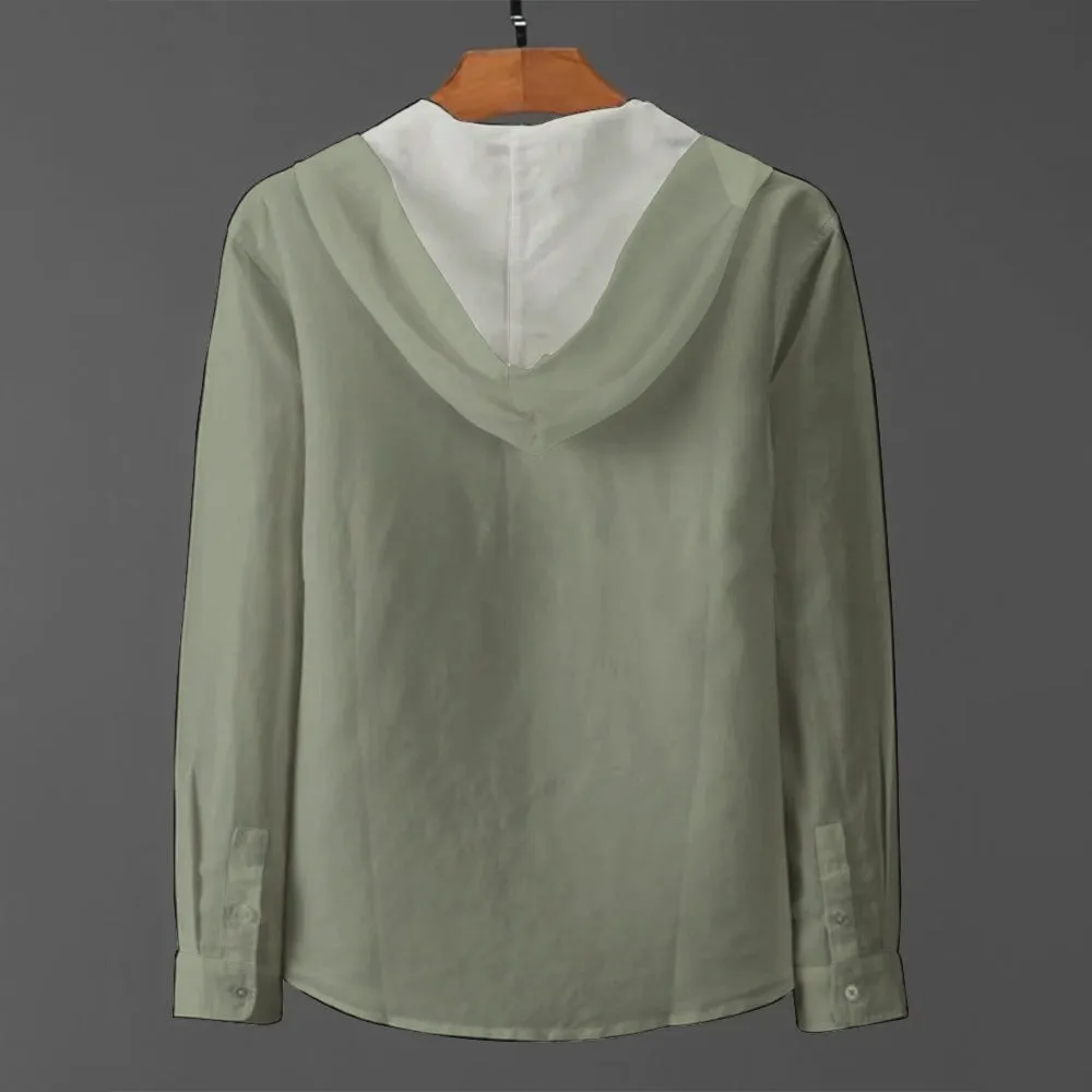 Men Solid Color Autumn Long Sleeve Hooded Cotton Linen Shirts 2407005269