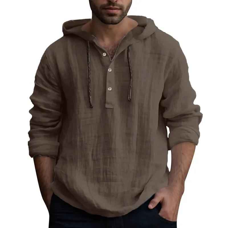 Men Solid Color Autumn Long Sleeve Hooded Cotton Linen Shirts 2407005269