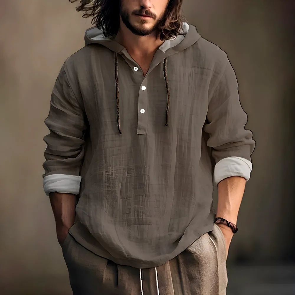 Men Solid Color Autumn Long Sleeve Hooded Cotton Linen Shirts 2407005269