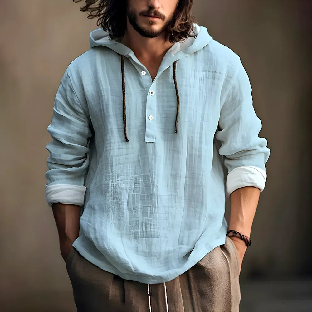 Men Solid Color Autumn Long Sleeve Hooded Cotton Linen Shirts 2407005269